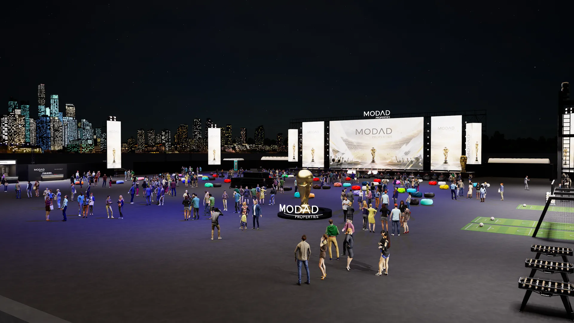 Night view of the fan zone, LED wall and World Cup trophy